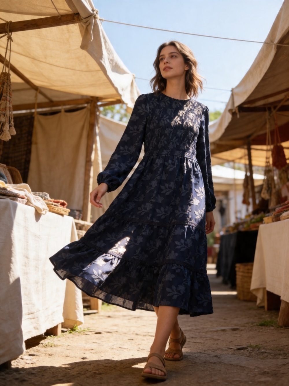 Pretty garden Navy Floral Long-Sleeve Tiered Midi Dress